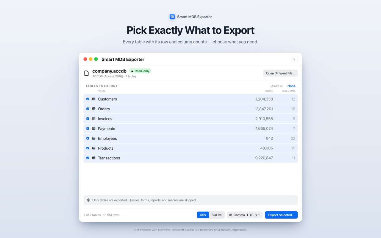 Pick exactly what to export